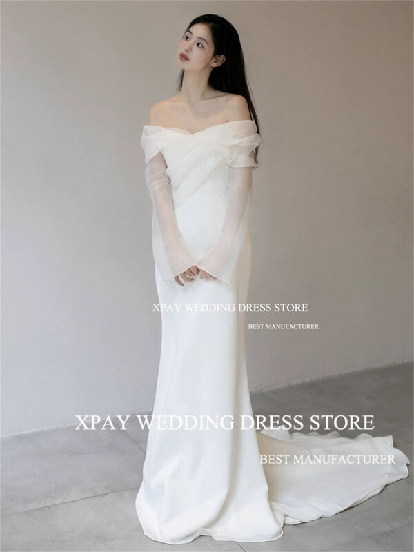 Женское свадебное платье-Русалка XPAY, корейское платье с открытыми плечами и длинным рукавом-фонариком, корсет с открытой спиной, платье невесты со складками для фотосъемки