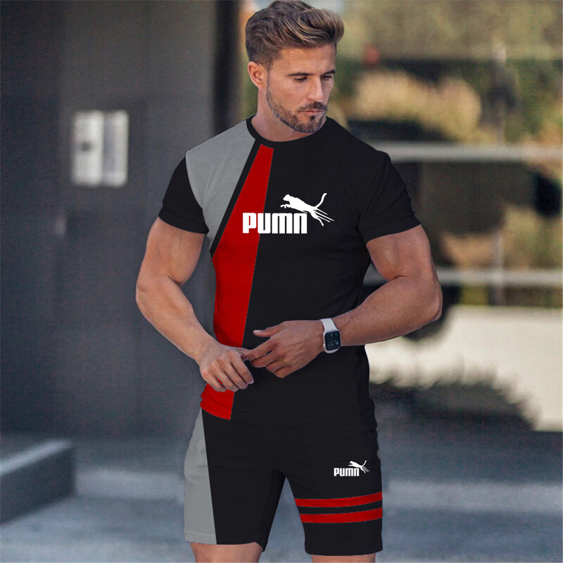 2024 new men's suit color matching casual short sleeve 3D printed T-shirt set stitching street men casual sports short sleeve