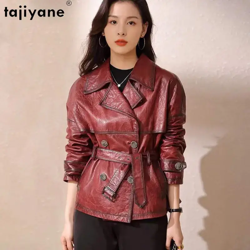 Tajiyane-本物のシープスキンレザージャケット,女性用,ダブルブレスト,エレガント,レザージャケット,100%