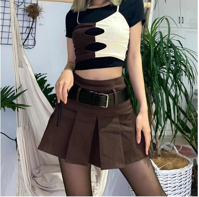 Faldas plisadas de estilo Vintage para mujer, de cintura alta minifalda, ropa Kawaii de estética de los años 90, color marrón