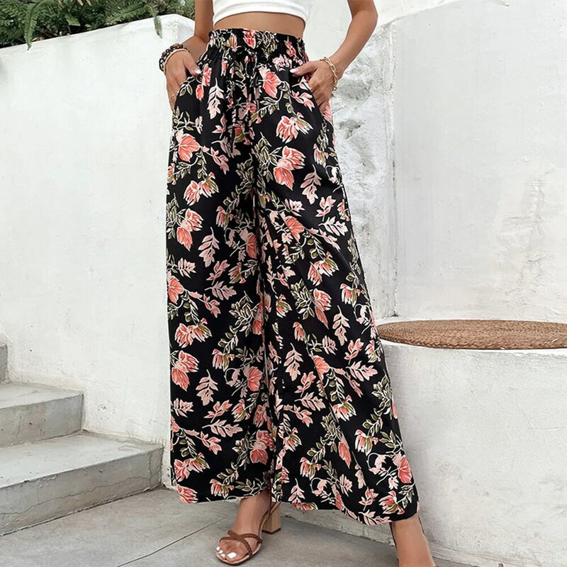 Широкие брюки, повседневные и свободные женские брюки палаццо с цветочным принтом, идеально подходят для модного и непринужденного стиля