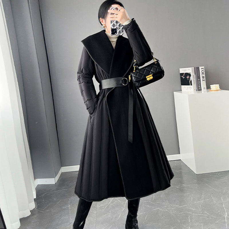 여성용 양면 캐시미어 스플라이싱 다운 재킷, 따뜻한 파커 오버코트, 블랙 롱 90%, 화이트 덕 다운 코트, 겨울 신상