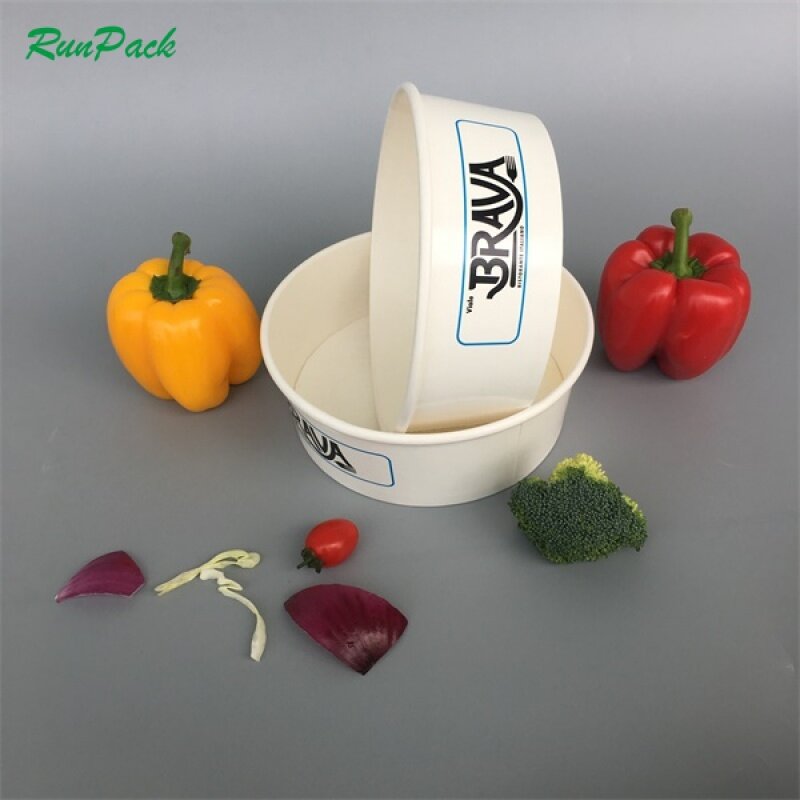Produk kustom mangkuk Salad sup kertas Kraft Biodegradable sekali pakai mangkuk kertas cetak Logo kustom dengan tutup 500ml 650ml 16oz