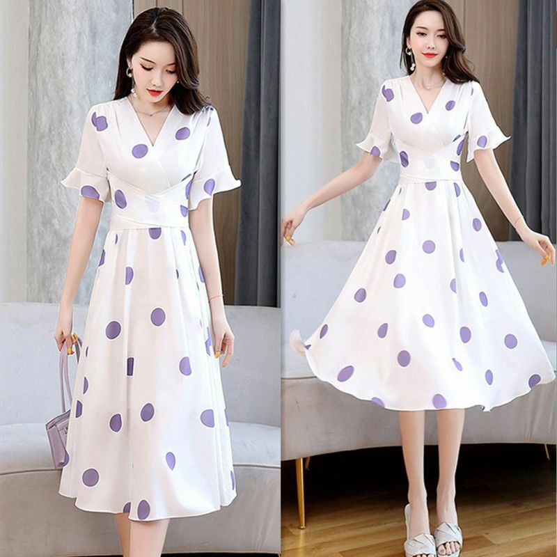 Wiosna/lato koreańskie wydanie nowa szyfonowa sukienka w kropki z dekoltem w szpic sukienka z nadrukiem średniej długości wyszczuplająca talia