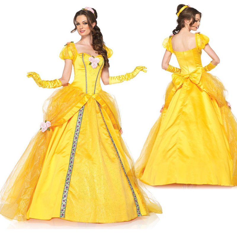 Kostum Halloween Disney gaun Putri Belle Kecantikan dewasa dan binatang Anime Belle gaun Cosplay hadiah ulang tahun wanita untuk pertunjukan