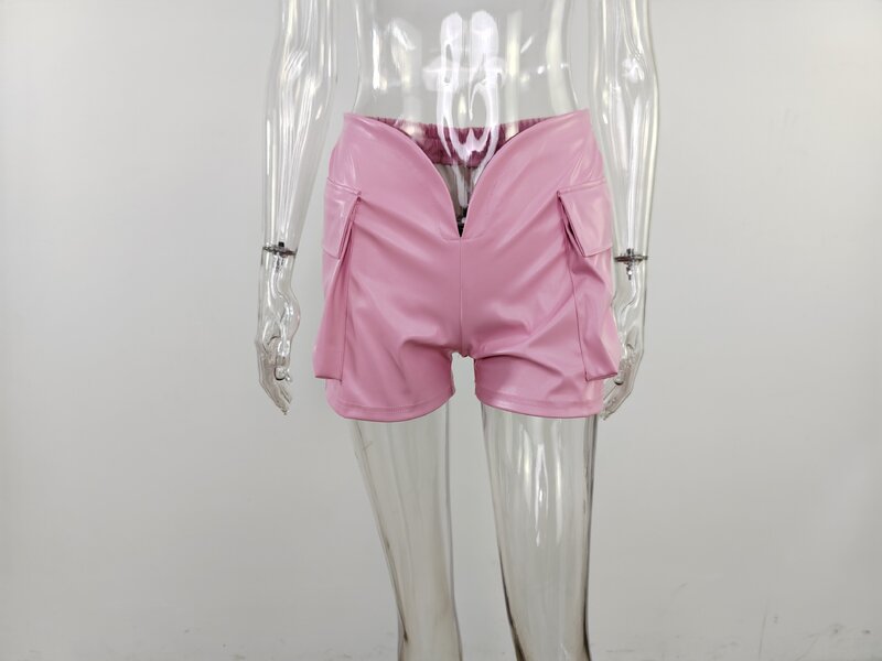 Cargo Fashion Pockets PU Leather Shorts Women Casual V Cut Elastic Low Waist Matching Bottoms Fashion Y2K Streetwear Club Outfit