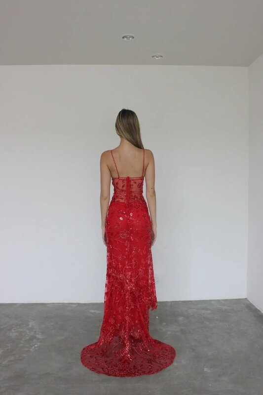 14814 # IENA seksi merah baru Floral payet fotografi gaun pemotretan alat peraga renda punggung ilusi gaun pesta Prom ukuran Plus