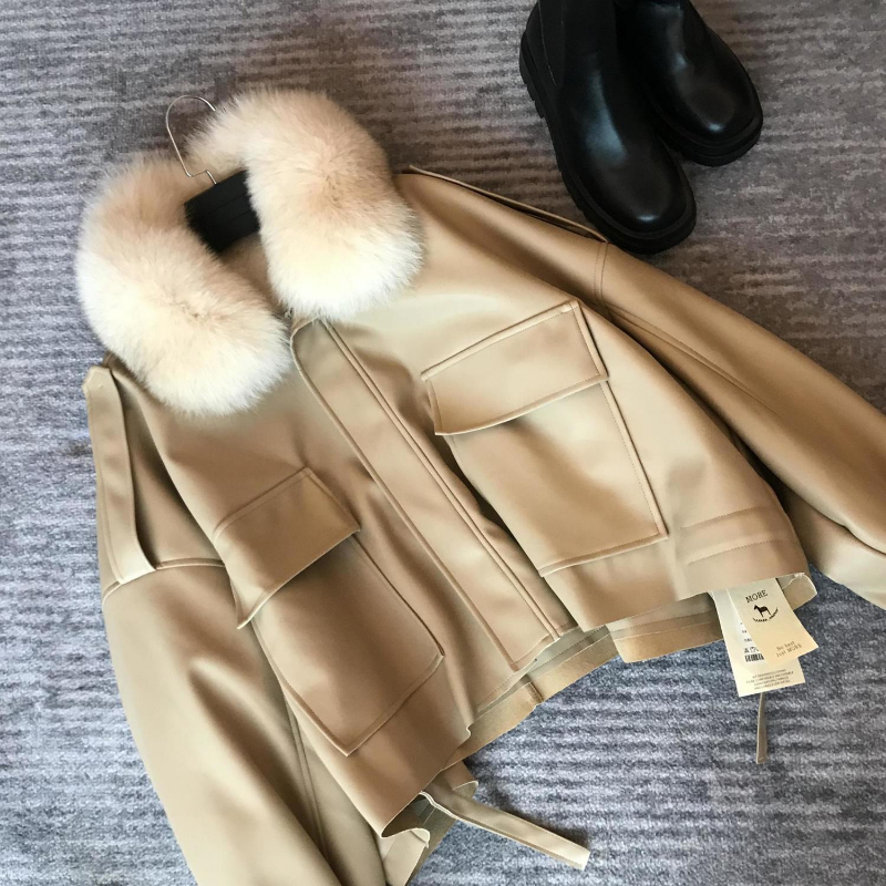 인조 가죽 플리스 두꺼운 분리형 인조 밍크 모피 칼라 PU 봄버 재킷, 플러스 벨벳 두꺼운 트렌치 코트 지퍼 세련된 재킷