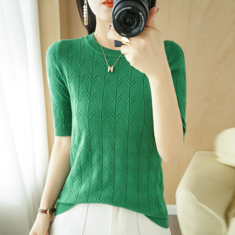 Suéter de punto de lana de manga corta para mujer, jersey de cuello redondo de Jacquard, Camiseta corta holgada, parte inferior, moda coreana 2022