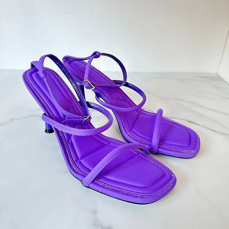 New 2024 Women's Shoes Fashion Orange Purple Quilted Insole High Heels With Square Head Sandals.