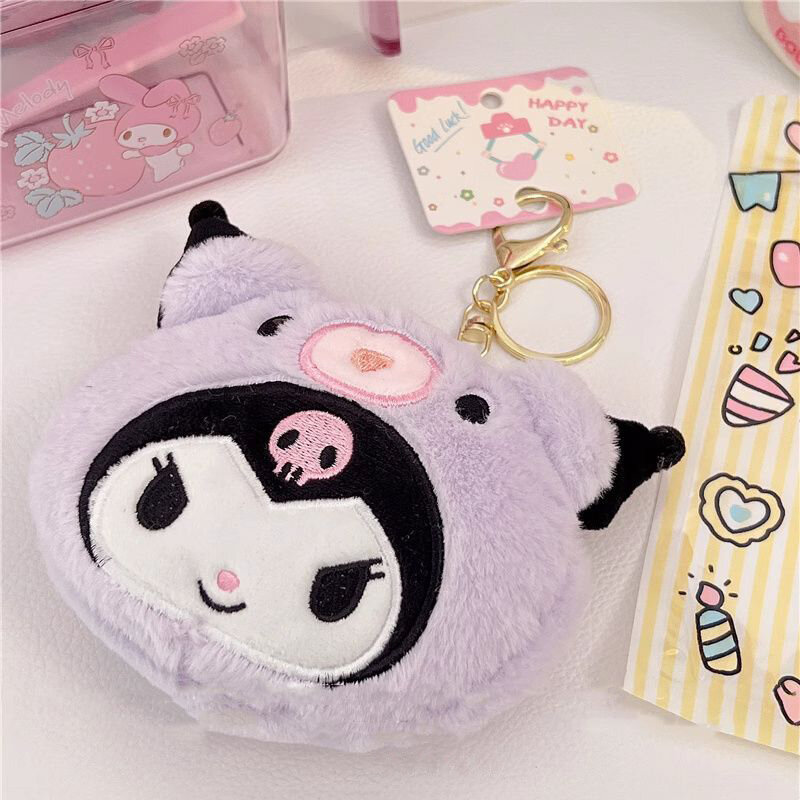 Sanrio Kuromi Plush Keychain Wallet Melody Cinnamoroll Plushies Coin Purse Earphone Organizer Bag Pendant Key Ring Girls Gifts