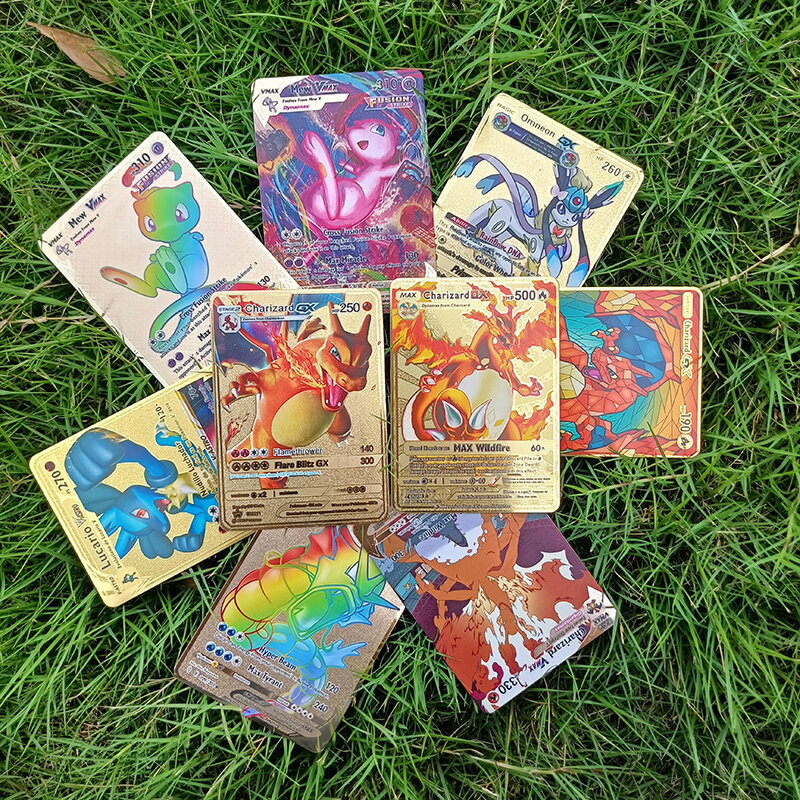 Juego de cartas de Pokémon para niños, juguete de colección con letras brillantes de Metal negro, Eevee, Pikachu, Mewtwo, Charizard, Squirtle, 2022