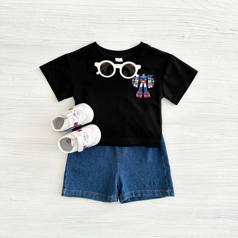 2024 neue 2 Stück Baby Jungen Kleidung Set Roboter Stickerei Kurzarm T-Shirt Denim Shorts Mädchen Anzug Sommer für 0-3y Kinder