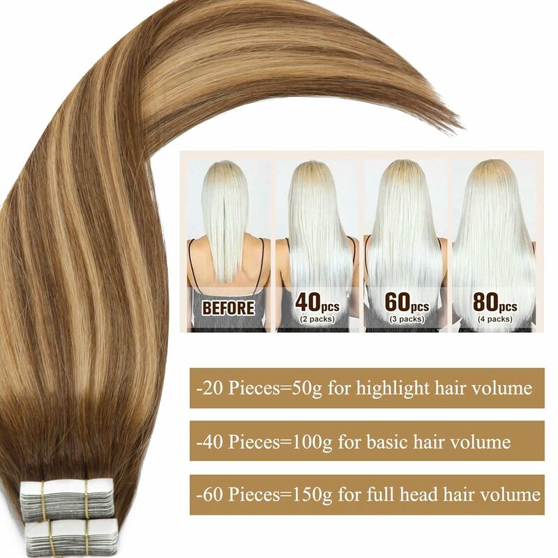 Tape In Hair Extensions 100% Remy Natural Human Hair 16 To 26 Inch Skin Weft Invisiable Seamless Omber Color 4/27 Glue For Salon