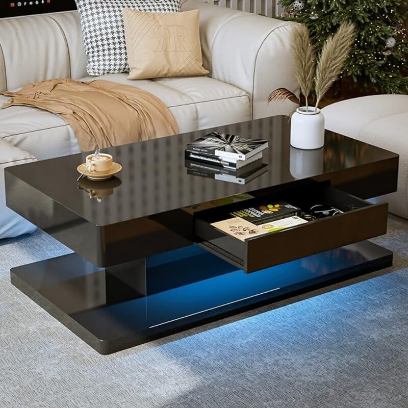 서랍이 있는 커피 테이블, 고광택 직사각형 커피 엔드 테이블, 16 색 LED 조명, 커피 테이블