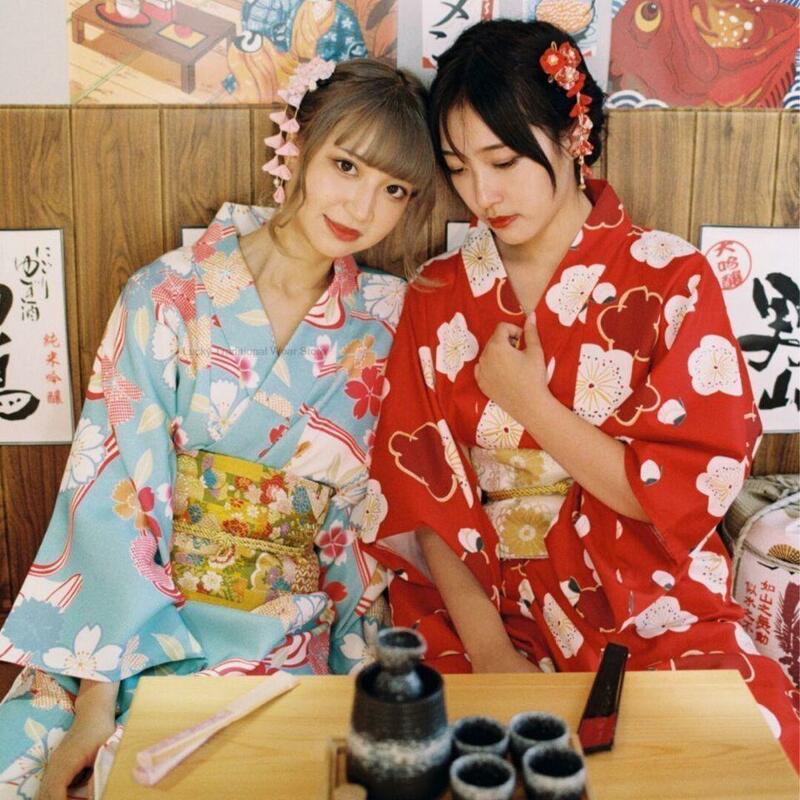 Conjunto de vestido Kimono Vintage para mujer, ropa elegante con estampado de flores para adultos, ropa de calle para Festival, ropa de escenario asiática para sesión de fotos