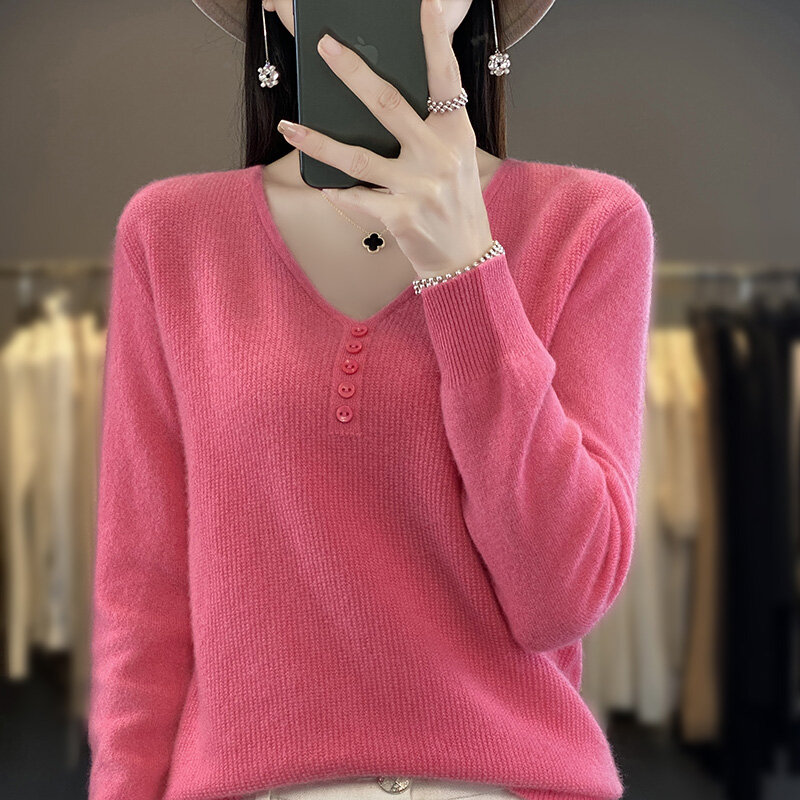 Jersey de lana de estambre para mujer, suéter informal de Color sólido, Tops de mujer, blusa suelta con cuello en V y botones, Otoño, nuevo
