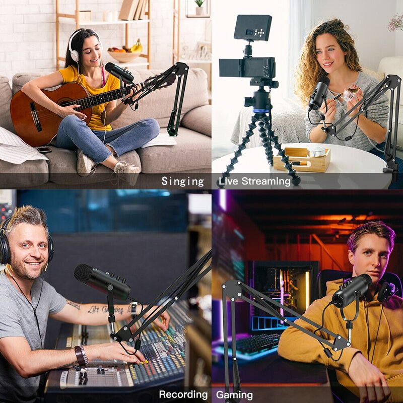 Mikrofon PC Podcast Streaming USB profesional, Kit mikrofon kondenser Cardioid Studio dengan lengan Boom untuk perekaman Twitch YouTube