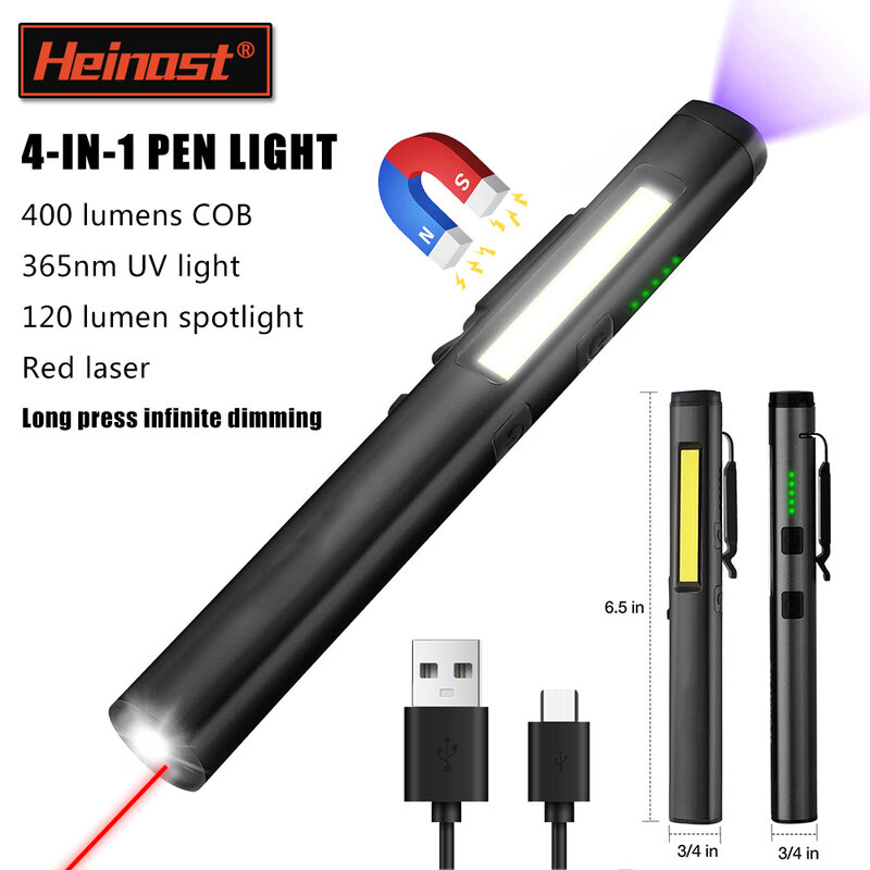 Wielofunkcyjna latarka LED 4 w 1 Mini USB 800mah Pen Clip latarka 365nm światło ultrafioletowe COB prace kempingowe naprawy