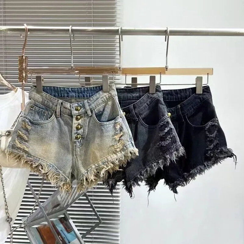 Pantalones cortos de mezclilla con agujeros para mujer, Shorts de cintura alta con botones, rasgados, con personalidad, Y2k, para verano, 2024