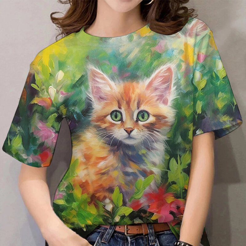 T-shirty damskie letnie Casual moda 3D nadruk z kotem zwierząt odzież z okrągłym dekoltem krótkie rękawy koszulki dla kobiet bluzki typu Oversize