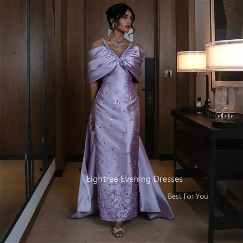 Eightree gaun malam putri duyung ungu Arab berkilau mewah gaun pesta Formal Dubai leher V panjang lantai gaun Prom bahu terbuka