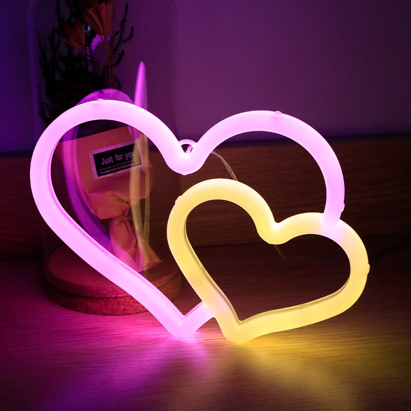 Letreros de neón de doble amor, luz LED nocturna, iluminación de ambiente alimentada por USB/batería, para cumpleaños, sala de estar, jardín, patio, decoración