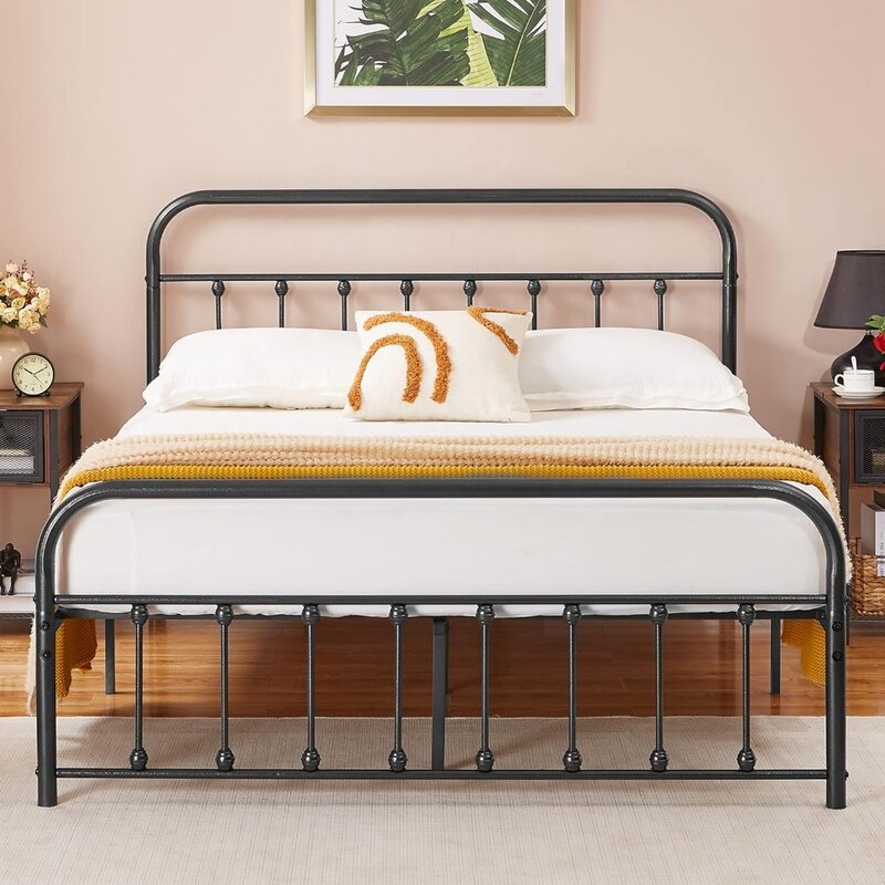 Quadro de cama preto do metal com cabeceira e estribo do vintage, ripa de aço estável superior, tamanho completo, nenhuma mola da caixa necessária