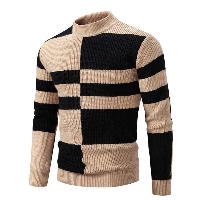2024 uomo autunno e inverno mezzo maglione dolcevita gioventù Casual Plaid Colorblock Pullover Base maglione