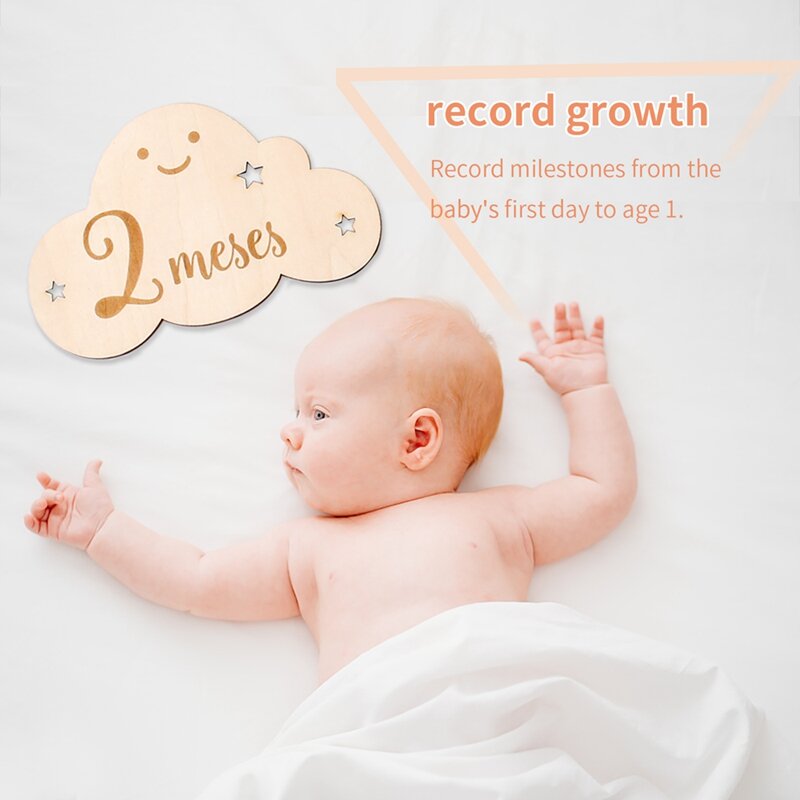 Spanish Alphabet Baby  Wooden Milestone Number Month Memorial Cards Items Cute Cloud Shape Newborn Photography Accessories Props