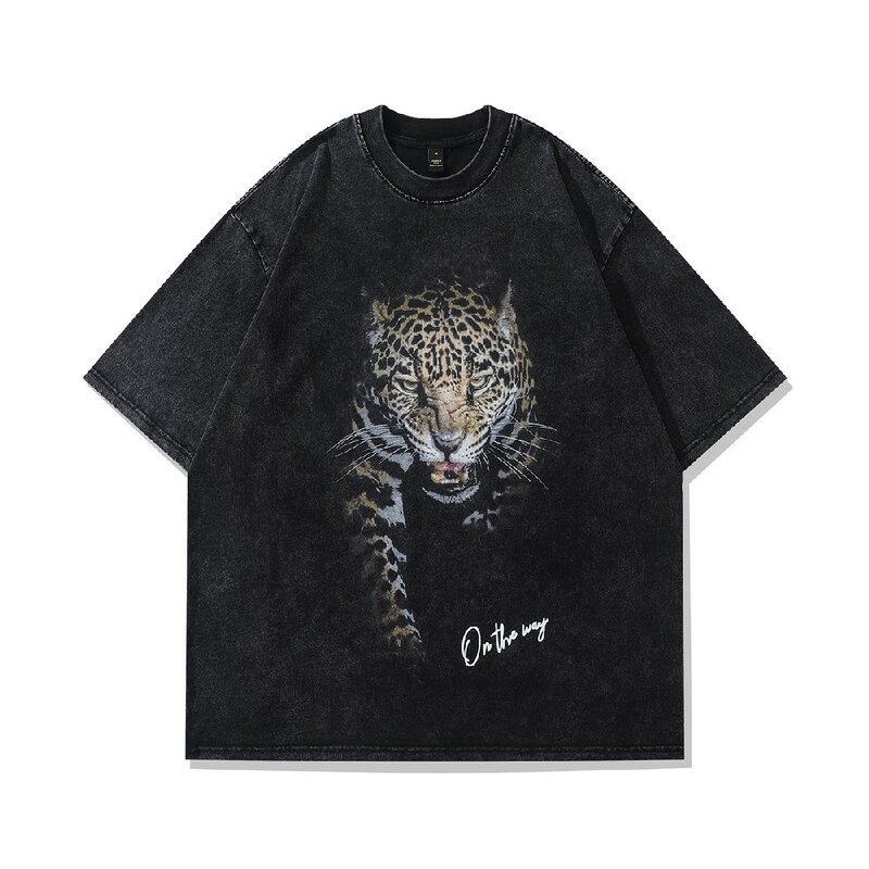 Oversized Plus Size African Leopard Graphic Women's Goth Tee Shirts Washed Distressed Aesthetic Summer Tops Men Womans Clothing