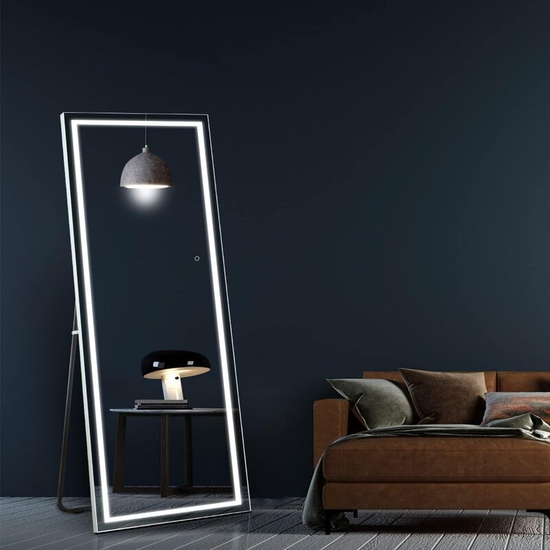 Cermin panjang penuh LED, cermin berdiri bebas sentuhan cermin menyala panjang seluruh tubuh, terpasang di dinding/cermin bersandar