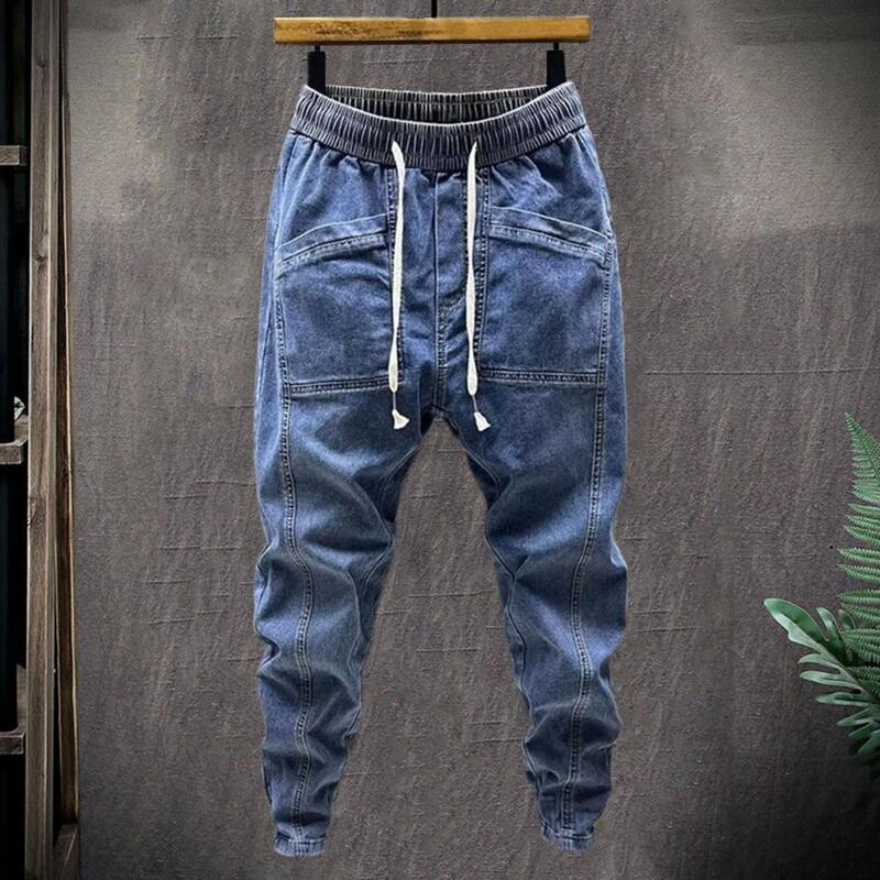 Spring Autumn Men Jeans Elastic Drawstring Waist Pockets Design Denim Pants Casual Cargo Harem Trousers Korean Style Trousers