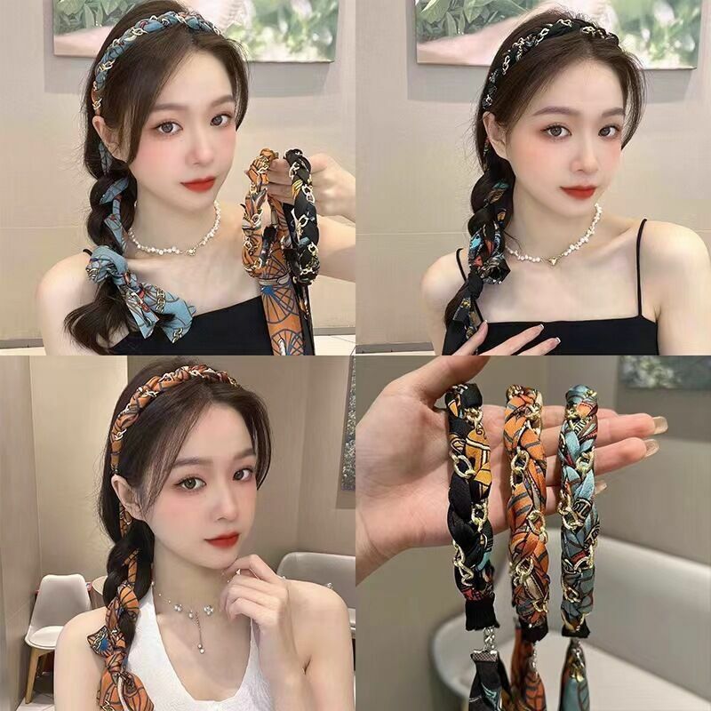 2023 New Fashion Silk Scarf Hair Band Long Ribbon Braid Bandage Summer Ponytail Holder Hair Accessory Trend Girl Headband