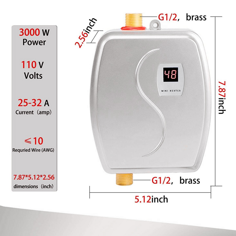 Mini calentador de agua eléctrico instantáneo, 110V, sin depósito, 3000W, enchufe estadounidense