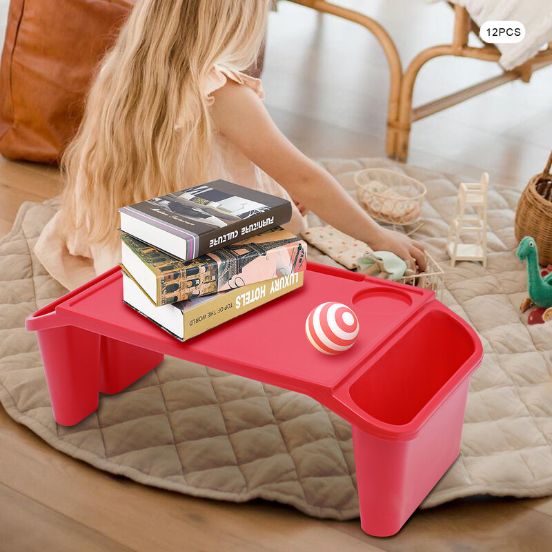 Bandeja de plástico para escritorio de regazo para niños, bandejas para portátil de desayuno con bolsillos laterales, mesa de cama portátil para escribir y comer, juego rojo, 12 piezas