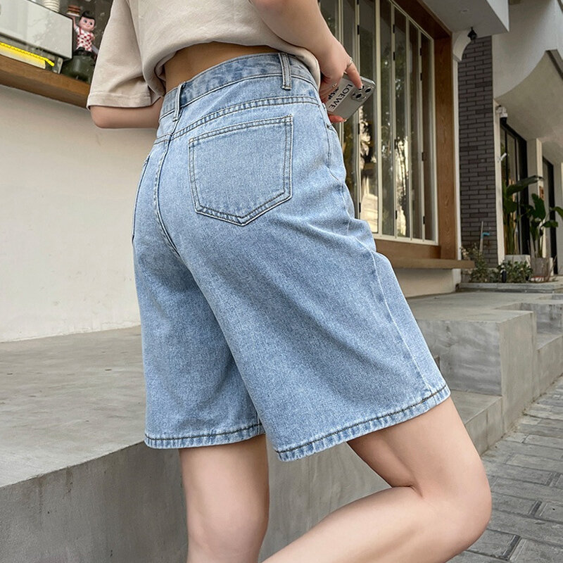 Pantaloncini di Jeans classici in stile coreano pantaloncini a vita alta blu estivi da donna pantaloni a gamba larga Streetwear Jeans dritti pantaloncini da donna
