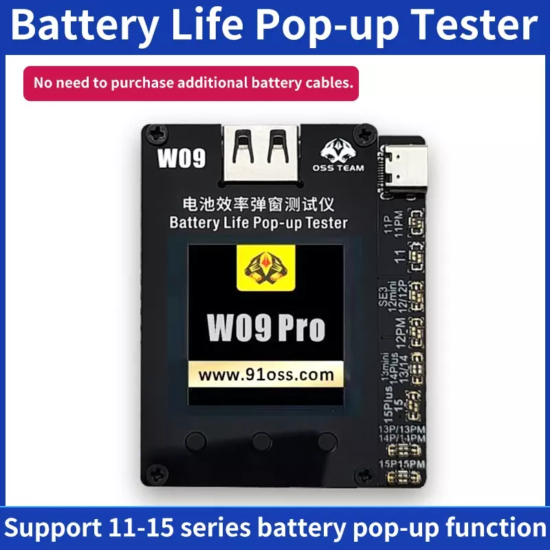 OSS W09 Pro V3 Bateria Eficiência Pop Up Tester, Sem Cabo Externo, Eficiência de Cartão Direto, 100 Dados para iPhone 11-15PM, i2c, kc02s