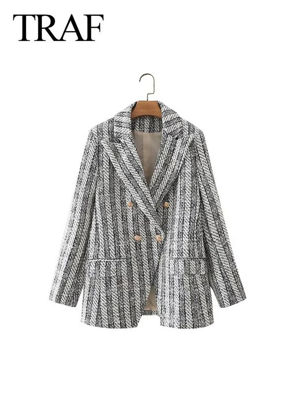 TRAF 2024 Spring Women's Fashion Causal Plaid Blazer Long Sleeves Pocket Metal Buttons Double Breasted Female Elegant Chic Coats