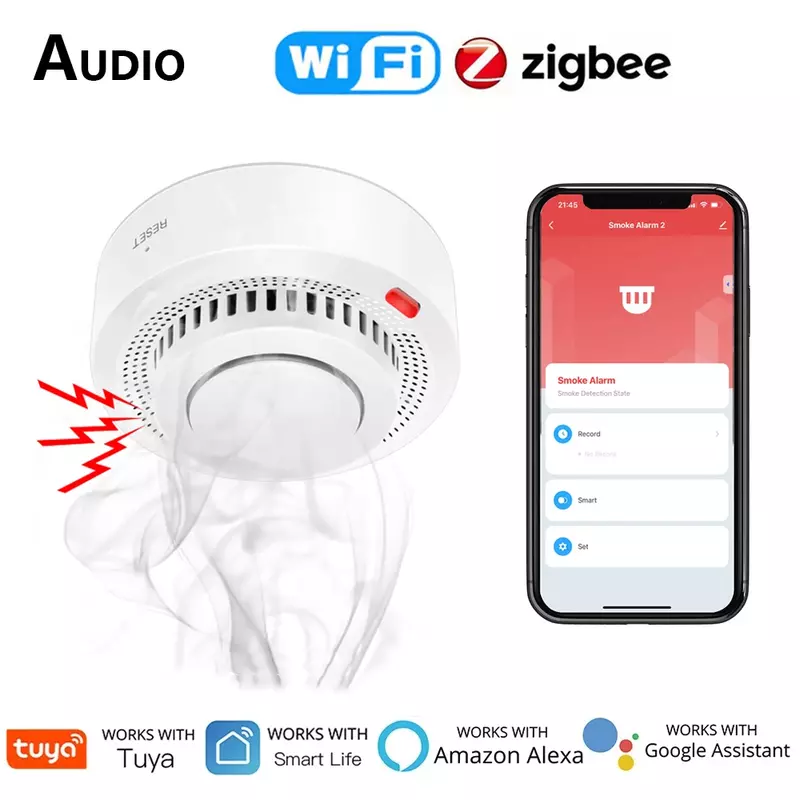 Tuya Smart Zigbee Wifi Rookmelder Smart Brandalarm Sensor Home Security Brandbeveiliging Systeem Smart Life Works Gateway Hub