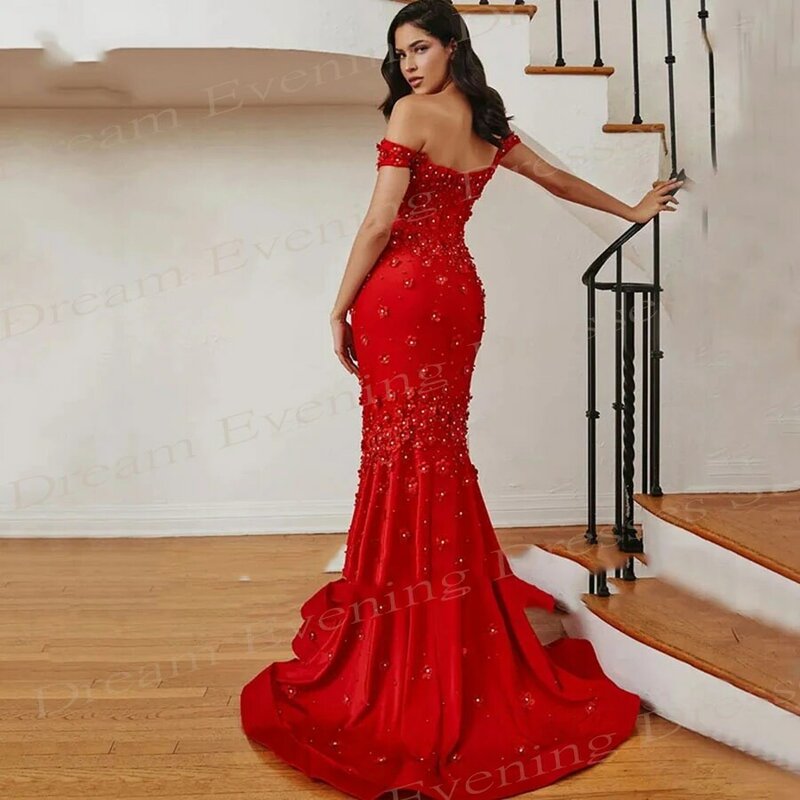 Beautiful Red Mermaid Exquisite Evening Dresses Sweetheart Off the Shoulder Prom Gowns Sexy Backless Sleeveless Robe De Soiree