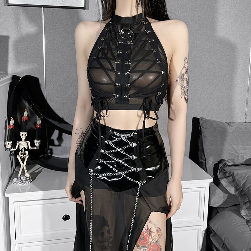 DarkLooks Dark Punk Lace Mesh Perspective Sexy Top with Hanging Neck and Exposed Umbilium Short Tank Top