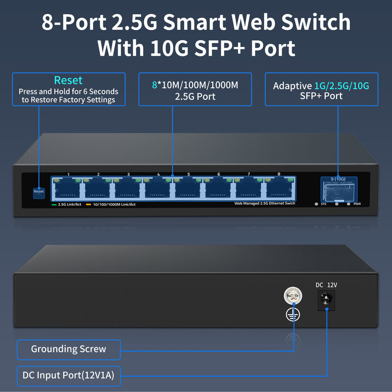 5/8 Ports 2.5G Web Managed Ethernet Switch with 10G SFP, 8 x 2.5G Base-T Ports, 1000/2500Mbps, Metal Web Fanless Network Switch