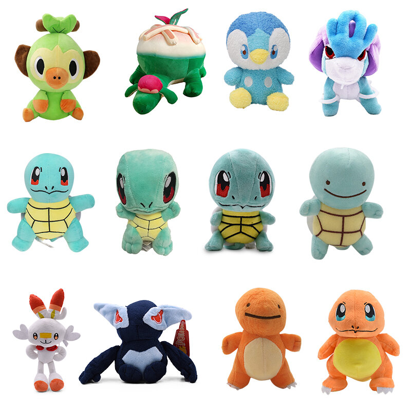Kawaii Squirtle Plush Brinquedos, Bonecas Anime de desenhos animados, Pokémon, Suicune, Appletun Pikachu, Dark Lugia, Grookey, Scorbunny