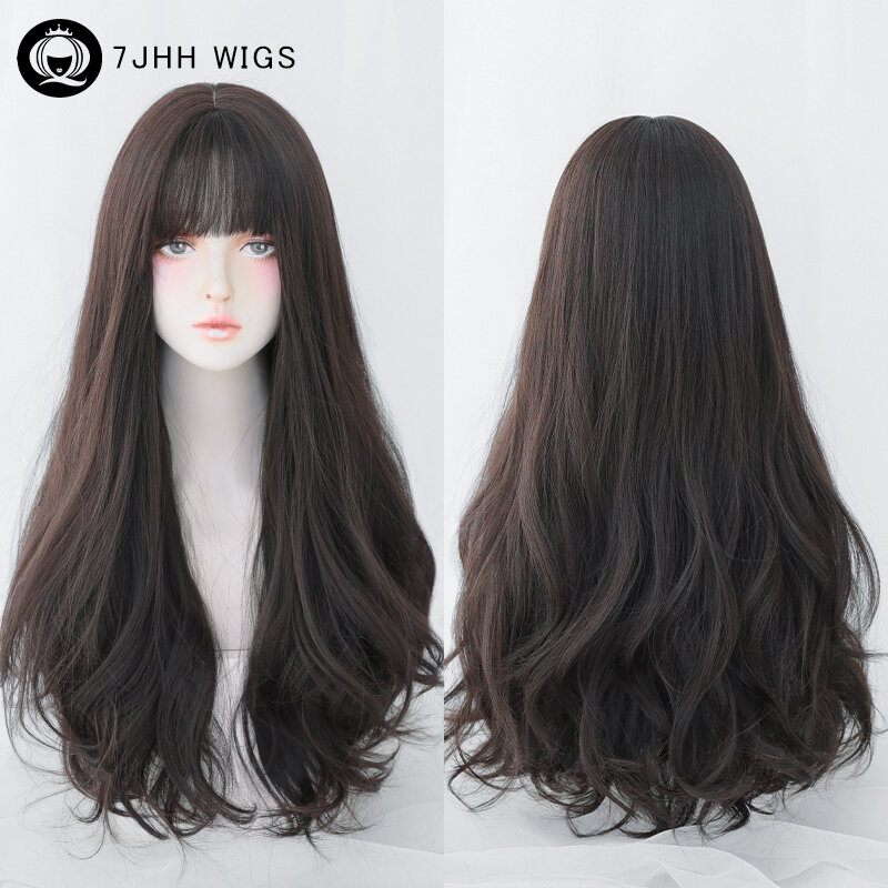 Wig 7JHH untuk wanita, Wig rambut palsu gelombang tubuh hitam untuk penggunaan sehari-hari, Wig rambut coklat gelap berlapis sintetis dengan poni rapi