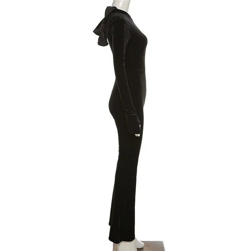 Женские комбинезоны, женский черный облегающий комбинезон, женский модный кардиган на молнии с капюшоном и длинным рукавом, расклешенные брюки, комбинезоны, корейские сексуальные топы