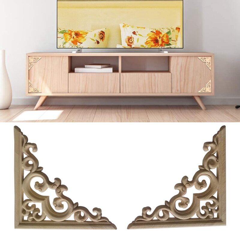 4PCS Unpainted Wooden Mouldings Decal European Wood Appliques For Furniture Cabinet Flower Wood Carving Decorative