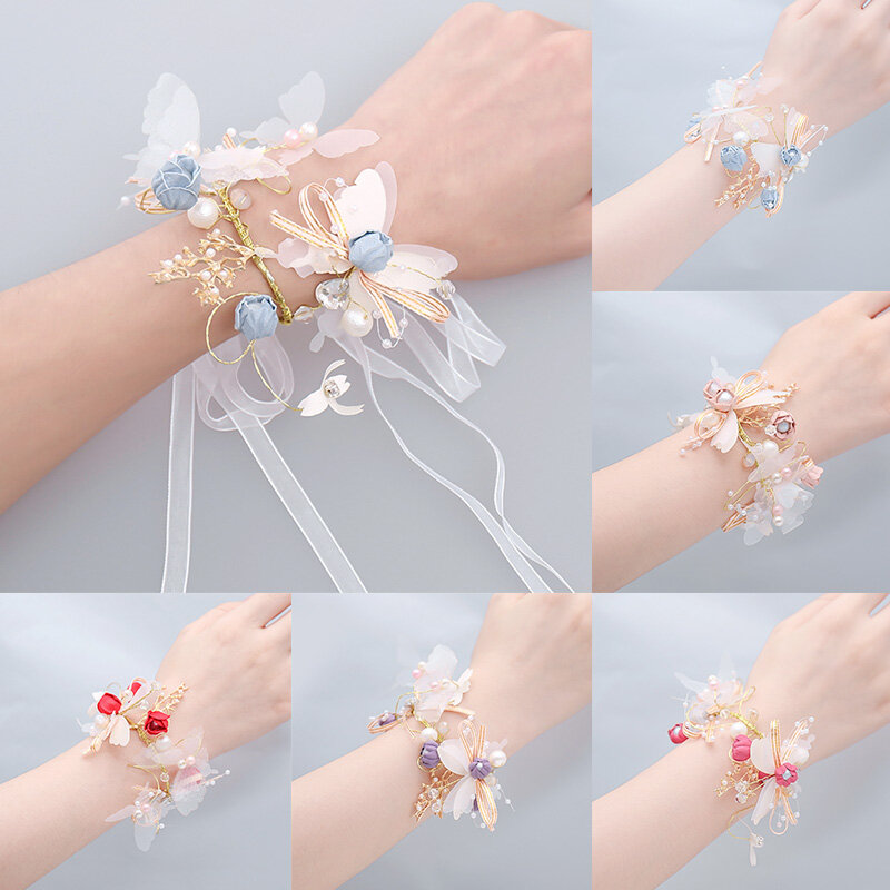 1PC Pearl Rhinestones Wrist Flower Bridal Crystal Ribbon Wrist Flower DIY Butterfly Bracelet Girl Bridesmaid Wedding Accessories