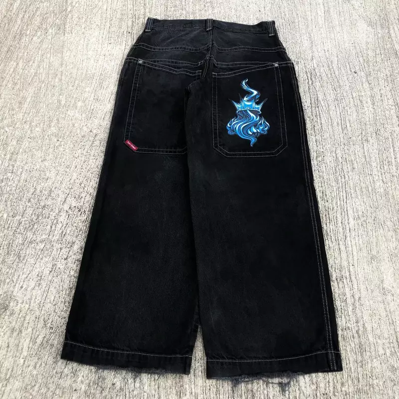 JNCO Jeans Y2k Streetwear Hip Hop kreskówka wzór Retro luźne jeansy czarne spodnie mężczyźni kobiety z wysokim stanem szerokie nogawki spodnie