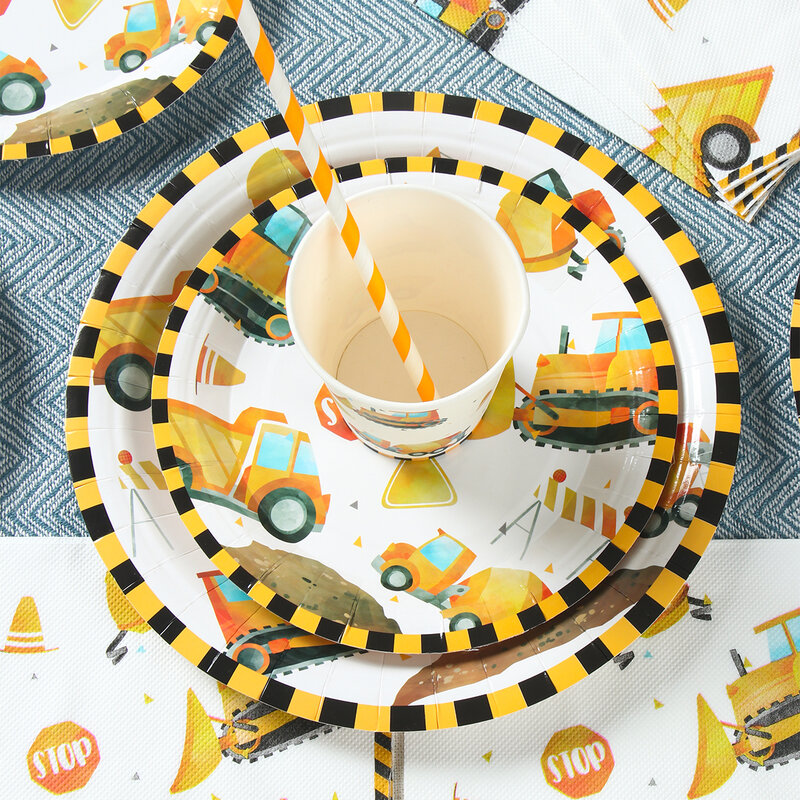 Construction Party Disposable Tableware Birthday Decoration Boy Baby Shower Excavator Truck Tractor Construction Birthday Decor